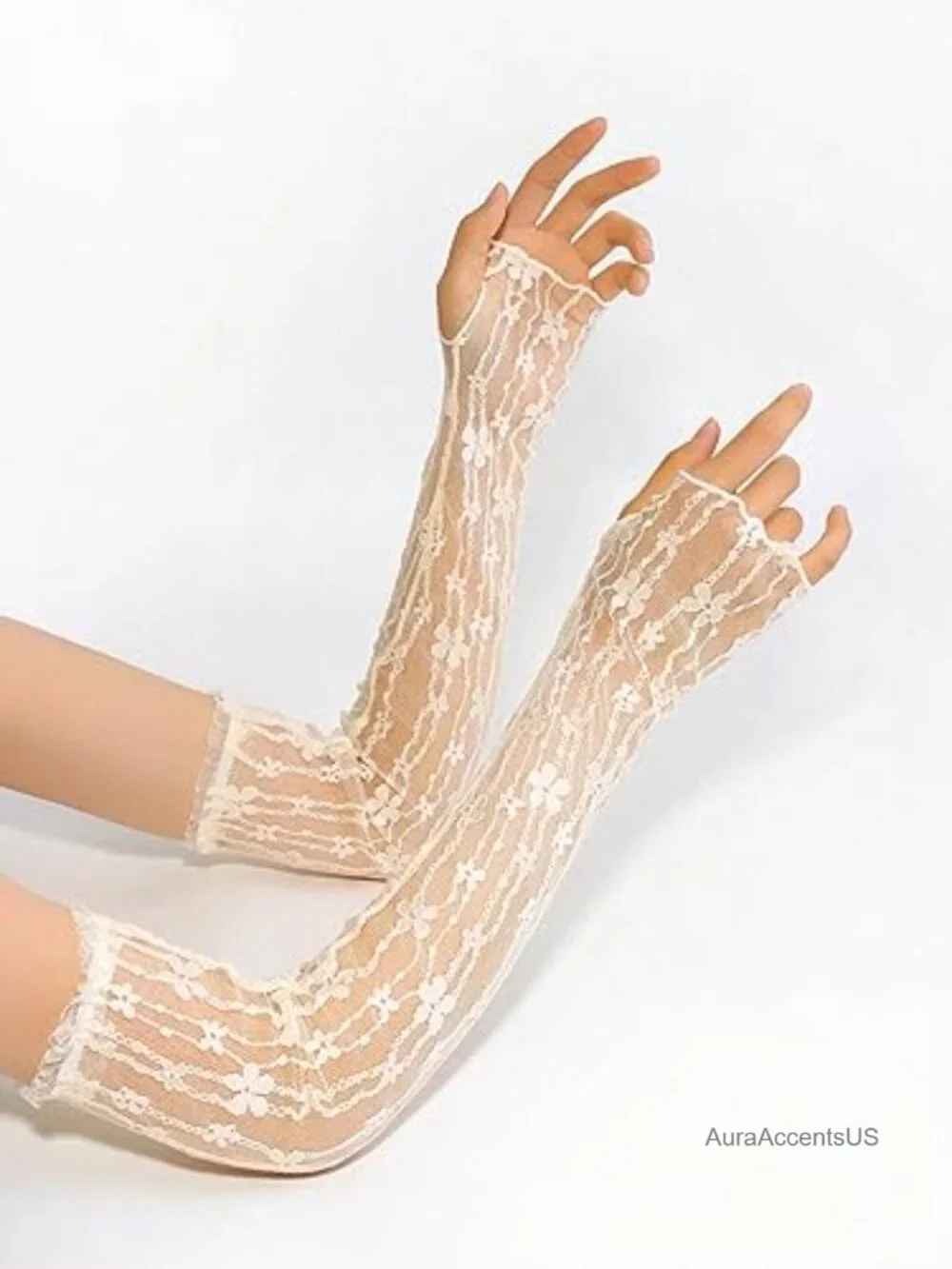 Vintage Sheer Lace Fingerless Gloves Elbow Length Arm Warmers
